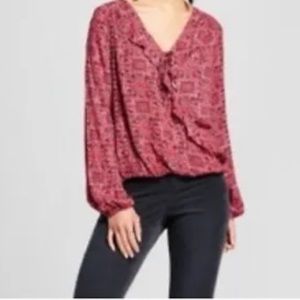 Mossimo Supply Co. Boho Abstract Long Sleeve Pull On Deep V-Neck Shirt / Top.